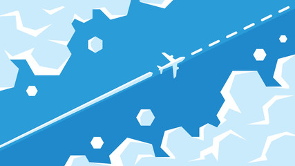 Plane flying between clouds vector illustration. Airplane is flying in the sky on the route.