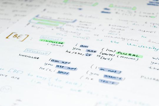 Close-up handwriting English grammar rules on white sheet of paper