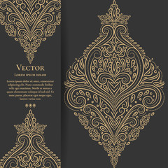 Gold vintage greeting card on a black background. Luxury vector ornament template. Mandala. Great for invitation, flyer, menu, brochure, postcard, wallpaper, decoration, or any desired idea.