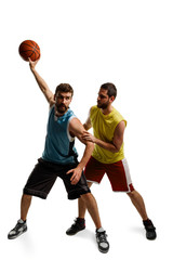 Two basketball players on white