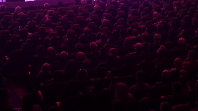 The audience at a concert in lights of projector