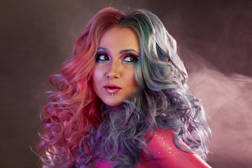 Fototapeta premium Beautiful woman with bright hair. Bright hair color