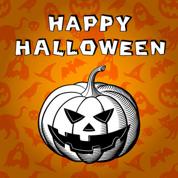 Happy Halloween greeting card. Retro-style Image of white jack o lantern on orange background with Halloween elements: carved pumpkin, witches hat, crow, cat, ghost, skull, and spider