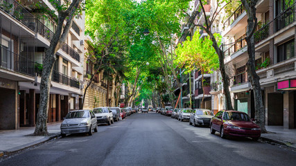 Von Bäumen gesäumte Straße im Stadtteil Recoleta von Buenos Aires, Argentinien