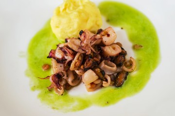 Roasted seafood mix,mashed potato,fennel sauce.