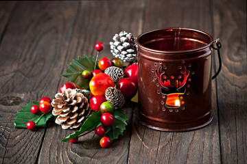 Christmas holiday composition with lantern and decoration