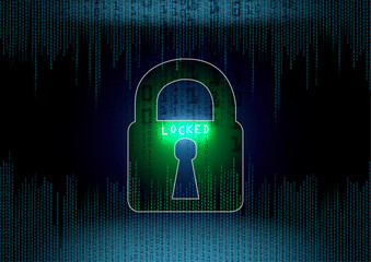 Locked padlock at a screen - binary code