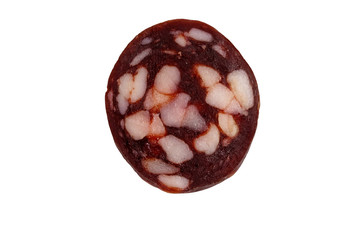 Slice of salami sausage isolated on white background