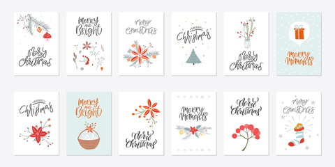 Collection cute Merry Christmas gift cards and set of elements