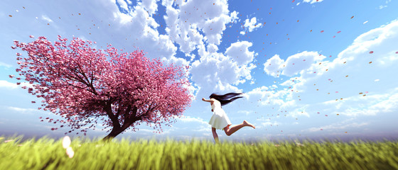 girl running on the field to sakura tree flower,concept for lifestyles freedom,3d rendering