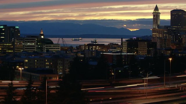 HDR Cityscape Time-Lapse Seattle Downtown Waterfront Mountain View
