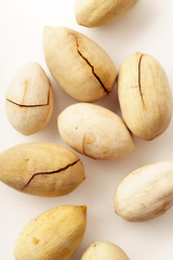 Pecan nuts in nutshells isolated. Overhead image, white background