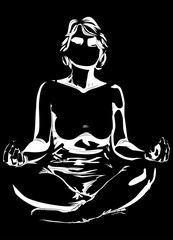 Yoga concept. Vector illustration of a woman doing yoga, meditating. Only shadows illustrated with white on black background.