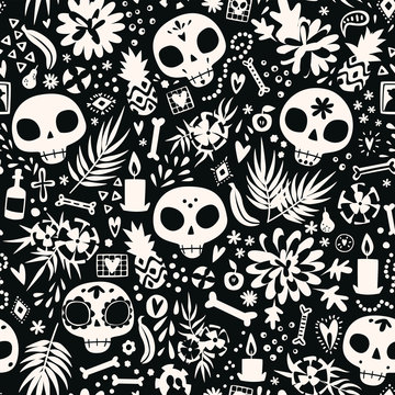 Dia de los muertos seamless vector pattern. The main symbols of the holiday in black and white. Day of the dead in minimalistic design.