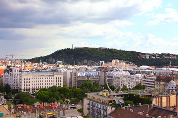 Aerial skyline view of Budapest  from the top of Saint Stephen Basilica
