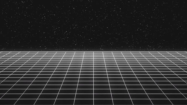 1980s Synth Wave Grid 7 -Black and White- with Stars Space -Motion Graphic - 10sec Seamless Loop -4K UHD 3840-2160