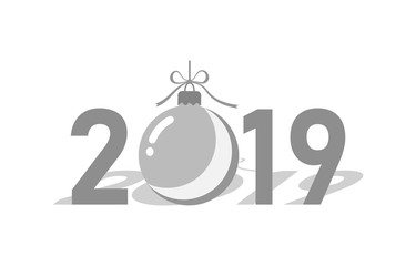Happe New Year silver background. Isolated 2019 gray numbers, bauble. Flat Christmas ball. Design for celebration card, holiday greeting, calendar, banner. Typography graphic. Vector illustration