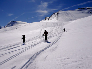 three backcountry skiers enjyoing a ski descent in fresh powder in the Swiss Alps