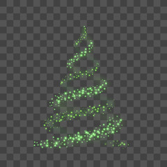 Christmas tree on transparent background. Green Christmas tree as symbol of Happy New Year, Merry Christmas holiday celebration. Light sparkle decoration. Bright shiny design. Vector illustration