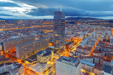 Lyon. Aerial view of the city at night.