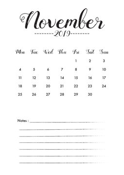 Minimal Calendar design for November of 2019 with notes space for desk planner and organiser the appointment.