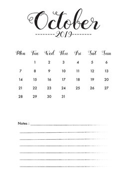 Minimal Calendar design for October of 2019 with notes space for desk planner and organiser the appointment.