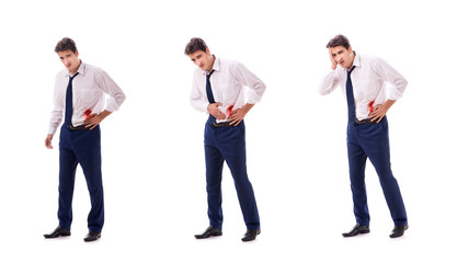Wounded businessman with blood stains isolated on white backgrou