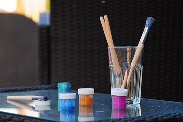 gouache and brushes on the table