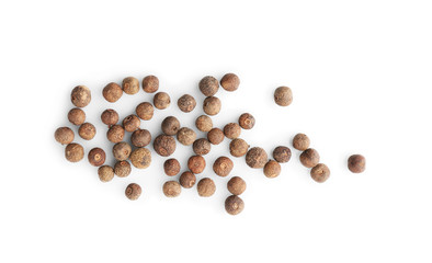 Allspice pepper grains on white background, top view. Natural spice