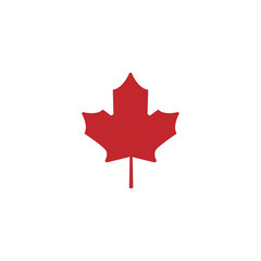 Flat red maple leaf with little stem. Vector icon. Isolated on white. Autumn single leaf silhouette. Canada
