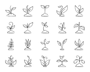 Grass charcoal draw line icons vector set