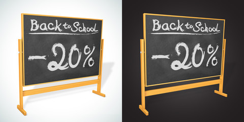 Back to school discount -20% written on the realistic wooden black blackboard. Turned chalkboard for your web design. Board for education. Vector illustration