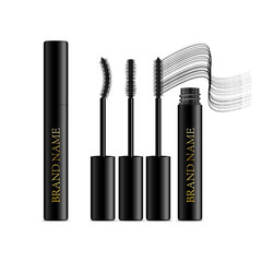 A mascara tube and a wand applicator. Cosmetic black gold bottle with eyelash brush. Isolated on white background. Grunge swatch, black wavy brush stroke hand drawn. 3d realistic vector