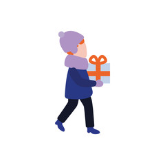 Flat boy kid in winter outdoor clothing holding present gift boxes for christmas, birthday or new year holiday celebration. Male character with surprise for family. Vector illustration
