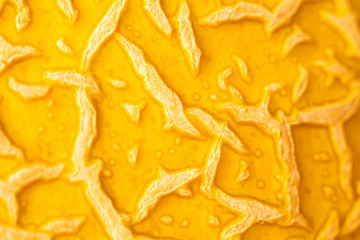 Texture of yellow very ripe melon. Rough surface. The surface is stroked by its nature pattern. Melon skin close up round shaped view as a melon texture. Shallow DOF, selective soft focus.