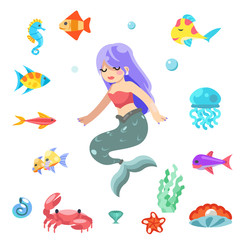 Fototapeta na wymiar Cute little mermaid swimming under the sea fishes animals flat design vector
