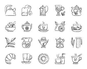 Tea charcoal draw line icons vector set