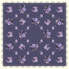 Fototapeta na wymiar Pretty scarf floral print. Folk style millefleurs. Floral cute background for shawl print, textile, covers, surface, scrapbooking, decoupage. Bandana, pareo, home textile design