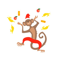 Jumping Christmas Monkey with Confetti Fruit. Vector