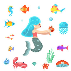 Uder the sea cute little mermaid swimming fishes animals flat design vector