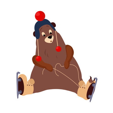 Cute Bear Tying Laces on Skates. Vector Illustration