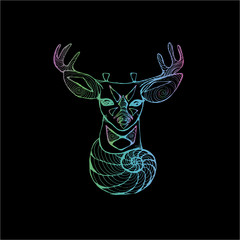Neon illustration of a psychedelic deer. Fractal spiral flower and deer.