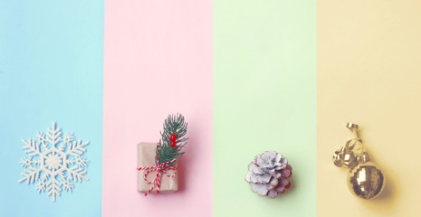 Christmas, pastel color paper, gift box, golden ball, pine cone and snowflake
