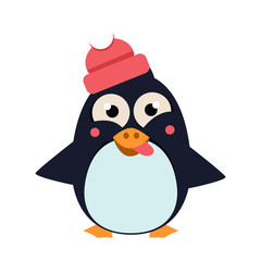 Penguin Wearing Hat Grimacing on Ice. Vector Illustartion