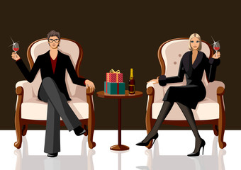Obraz premium Couple sitting on armchairs and holding glasses of red wine