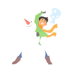 Boy Throwing Snowball and a Snowman. Vector Illustration