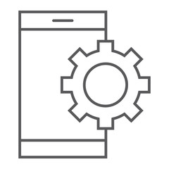 App settings thin line icon, technology and smartphone, cogwheel sign, vector graphics, a linear pattern on a white background.