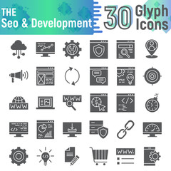 SEO and development glyph icon set, optimization symbols collection, vector sketches, logo illustrations, technology signs solid pictograms package isolated on white background.