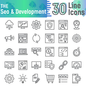 SEO and development line icon set, optimization symbols collection, vector sketches, logo illustrations, technology signs linear pictograms package isolated on white background.