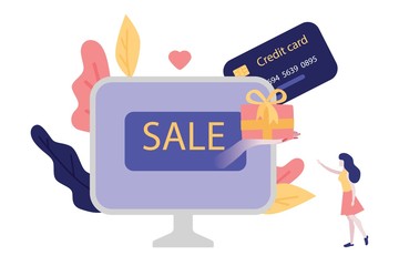 Online shopping vector illustration with credit card payment and receiving discounts and gifts - female hand giving girl present box from internet shop on big computer monitor in flat style.